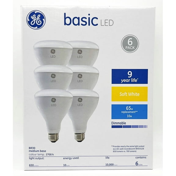 (6 bulbs) GE LED BR30, 10 watt, 650 lumen, soft white 2700K, Dimmable, medium base