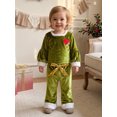 thumbnail image 6 of RUINIXCW Toddler Baby Girl Christmas Outfit Infant Baby Girls Fall Winter Clothes Furry Trim Heart Printed Velvet Shirt Tops and Belt Flare Pants Set, 6 of 10