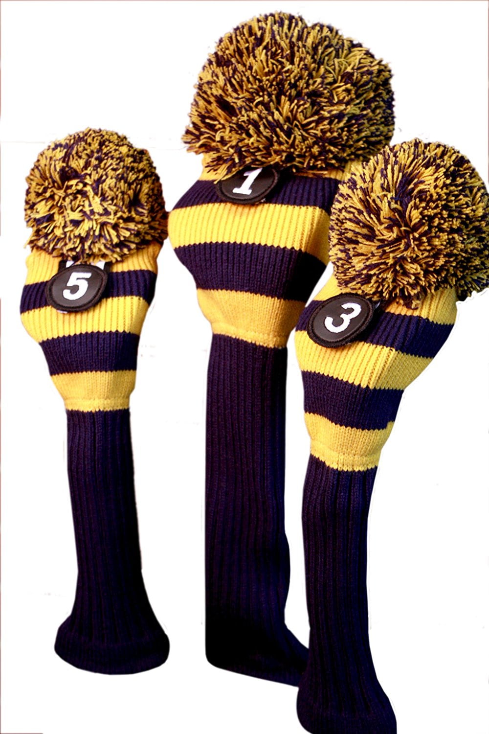 Majek Golf Club Head Covers Traditional Knit Vintage Classic Pom Pom Retro Rugby Driver Fairway Metal Wood Set Oversized Os Headcovers: Blue & Yellow Michigan Colors Fits 460cc Drivers