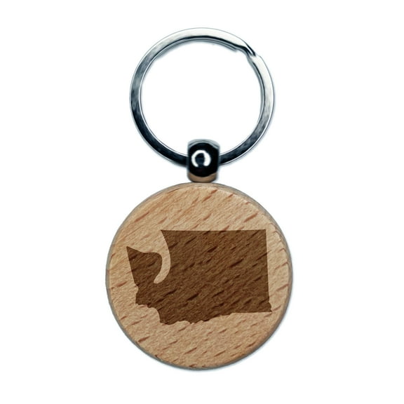Washington State Silhouette Round Keychain Charm Tag - Engraved Wood