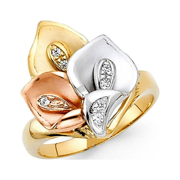 14k Yellow White Rose Gold Flower Ring CZ Floral Band Satin & Polished Finish Tri Color Size 7
