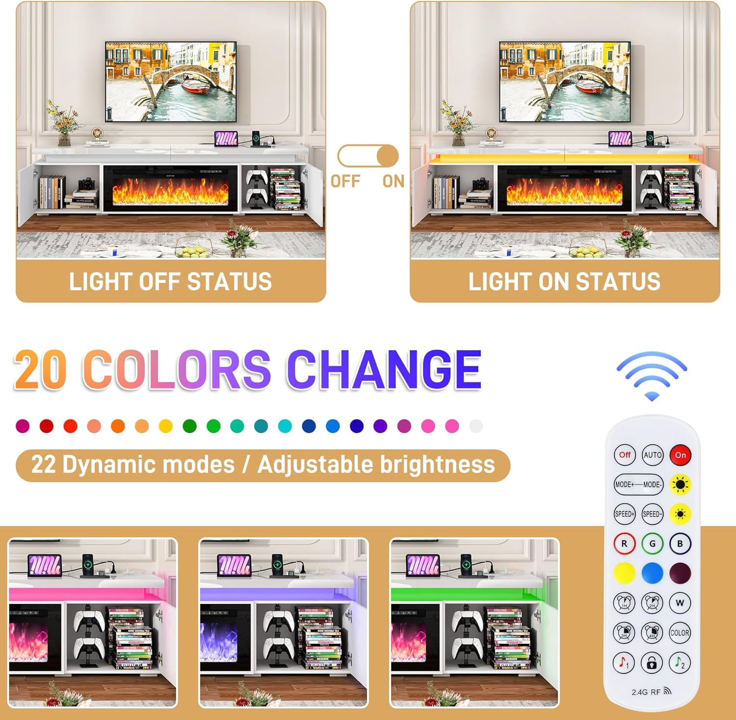 70" LED TV Stand with 40" Fireplace for Modern Living Room, Glossy Fireplace TV Stand Gaming Entertainment Center with Power Outlet for 85/80/75 Inch TVs