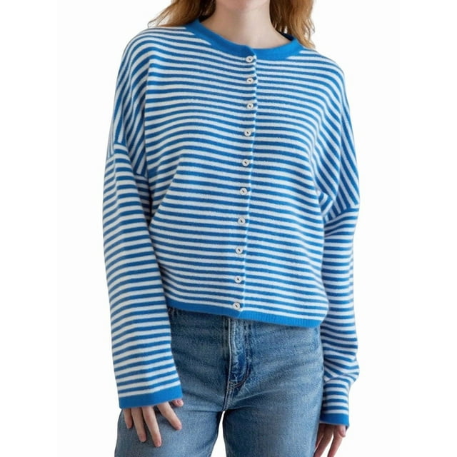 Suéter Tipo Cárdigan Informal de Cuello Redondo para Mujer, con Frente Abierto, Mangas Largas Onduladas, Tejido Corto Azul L