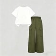 thumbnail image 6 of ECHFIPROM Big Girls Summer Outfit Short Sleeve Crew Neck Bow Print Top and Cargo Pants 2 Piece Set Casual Sports Age 8-15 Years,Army Green,9-10Years, 6 of 6