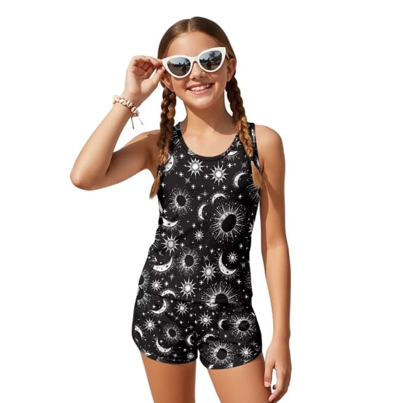 Xoenoiee Sun Moon Star Print Girls Tankini Swimsuit 2 Piece Bathing Suits for Girl Round Neck Swim Tank Top and Bottoms for Swimming Beach Travel, 6-7 Years