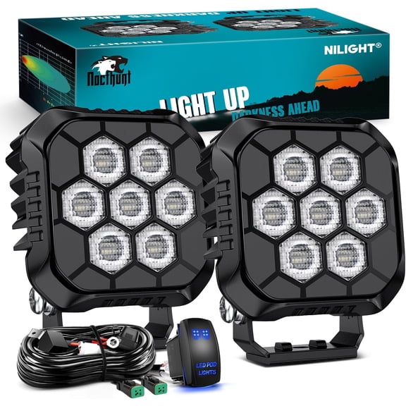 Nilight LED Pod Light 2 PCS 3.8 Inch 45 W 9 LED Square Hyper Flood Beam Offroad Driving Lights w/16 AWG Rocker Switch Wiring Harness Kit for Truck Motorbike Boat ATV UTV
