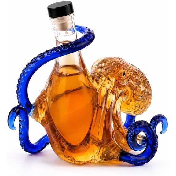 Octopus Glass Decanter 350ml, Handcrafted Borosilicate Glass Liquor Bottle with Cork Stopper, Nautical Octopus Bar Decor for Home(Q)