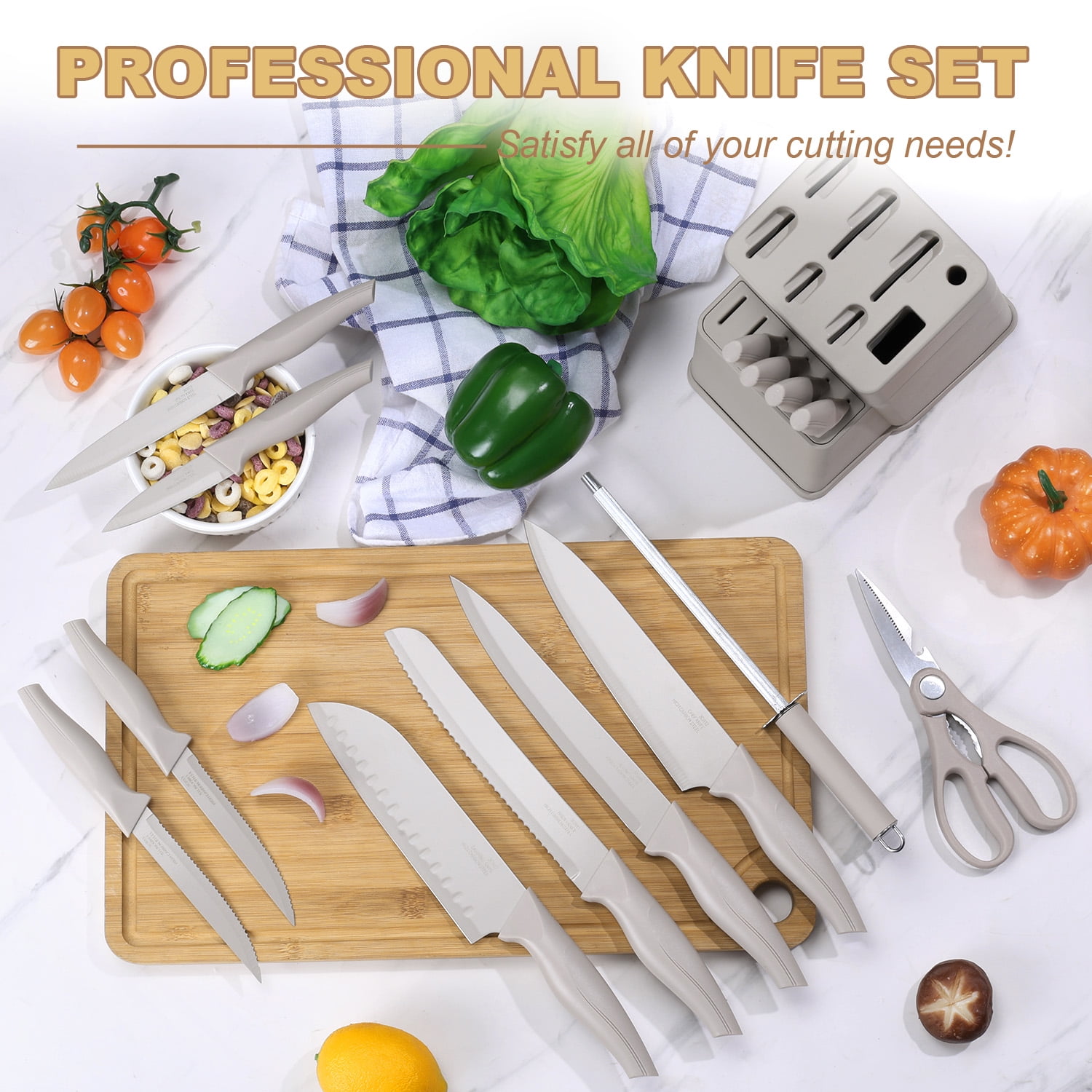 Vesteel Knife Set for Kitchen with Block, 15 Pcs High Carbon Stainless Steel Kitchen Knife Set with Self Sharpening - Khaki