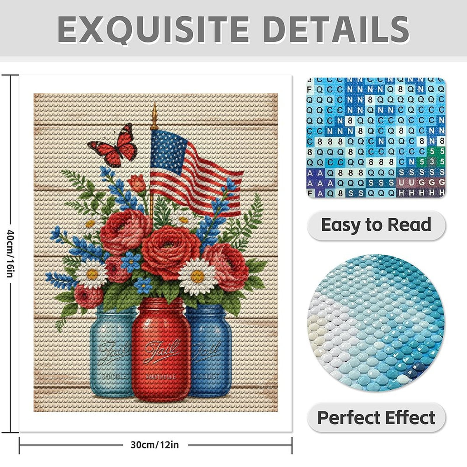 Diamond Art Kits for Adults - 5d Patriotic Floral Mason Jar Display Diamond Painting for Adults, Diamond Art for Adults Beginners, Diamond Painting Kits for Adults for Home Wall Decor