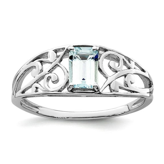 925 Sterling Silver Polished Rhodium Plated Aquamarine Ring Size 8 2mm Wide Ring for Women - .50 cwt