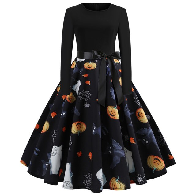 Robes d'Halloween Femmes Manches Longues Robe Cocktail Squelette Citrouille Imprimée Cosplay Costume de Fête (Citrouille,TTG)