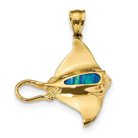 14k Yellow Gold Polished w Created Blue Opal Stingray Pendant