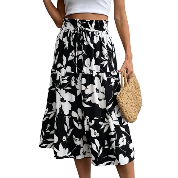 jinghuiyue Womens Floral Print Tiered Midi Skirts High Waist Flowy Ruffle A-Line Casual Summer Skirt L