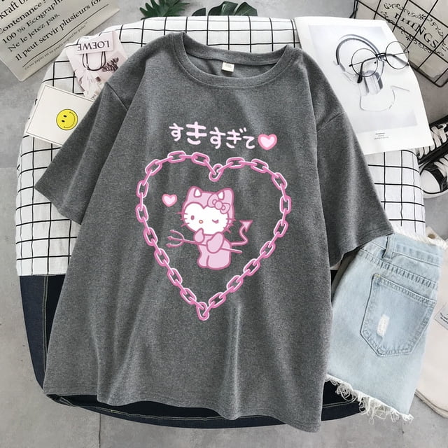 Camiseta fofa manga curta com padrão desenho animado Roupas femininaspangjing