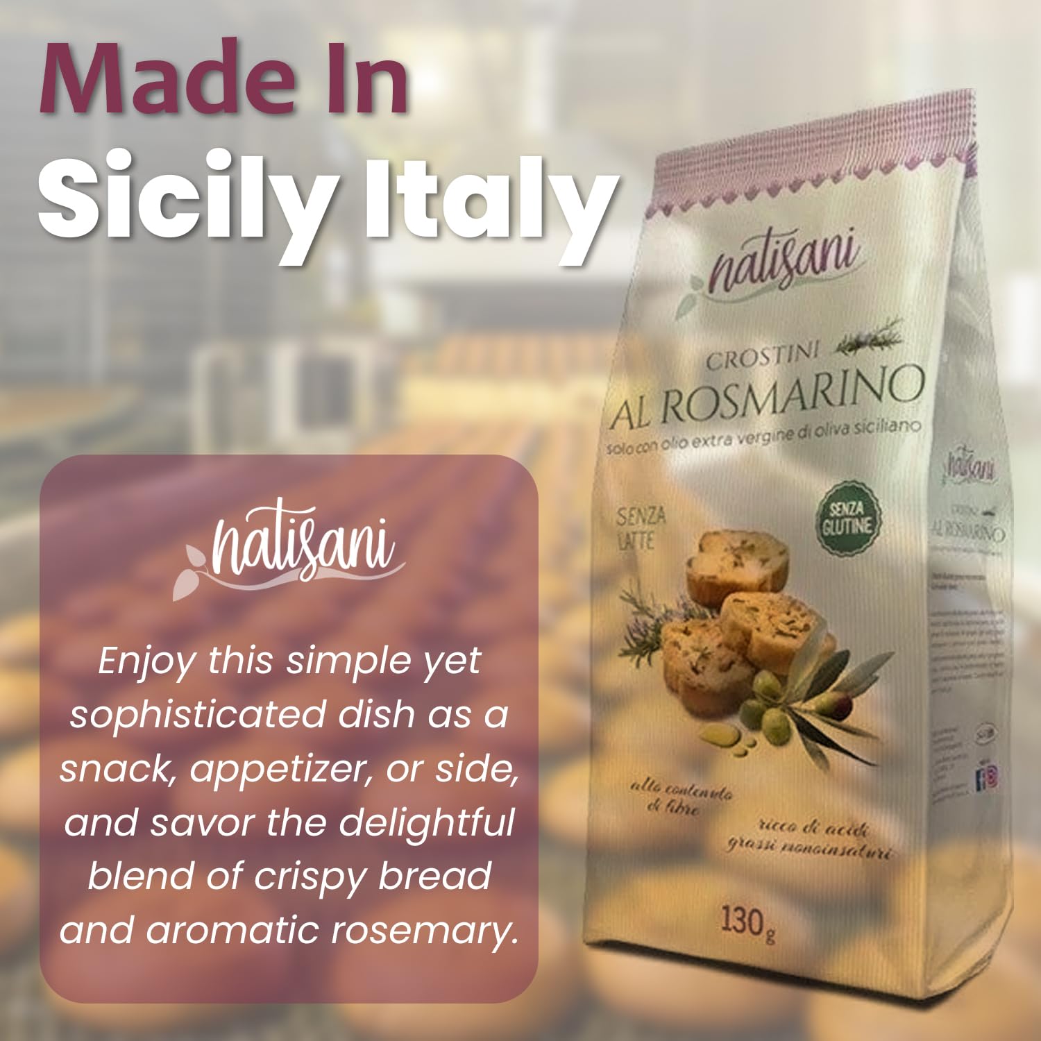 NATISANI Gluten-free Crostini with Rosemary and Olive Oil, Product of Italy, Toasted Bread Slices, All-natural, Flavoring or Preservatives, 130g (Pack of 3)