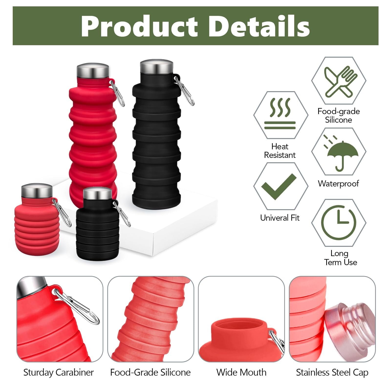 Collapsible Water Bottle,4 Pcs BPA Free Reuseable Silicone Foldable Leakproof 16oz Water Bottles,Portable Lightweight Water Bottles with Carabiner for Travel Gym Camping,Hiking Outdoor Indoor Sports