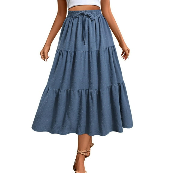 JSheng Women Summer Casual Skirt Fashion Solid Drawstring Pocket Elastic Waist Versatile Wave Point Skirts Blue M