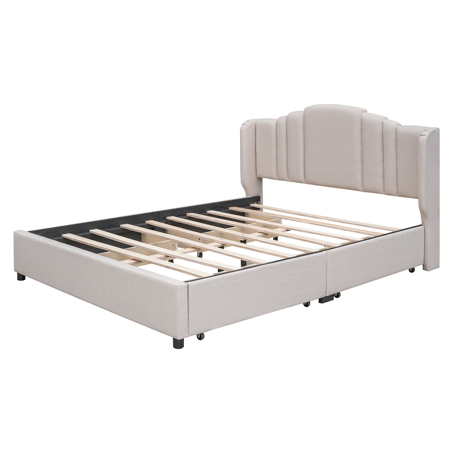 Kepooman Upholstered Platform Bed with Wingback Headboard and 4 Drawers, No Box Spring Needed, Linen Fabric, Queen Size, Beige Kepooman Upholstered Platform Bed with Wingback Headboard and 4 Drawers, No Box Spring Needed, Linen Fabric, Queen Size, Beige