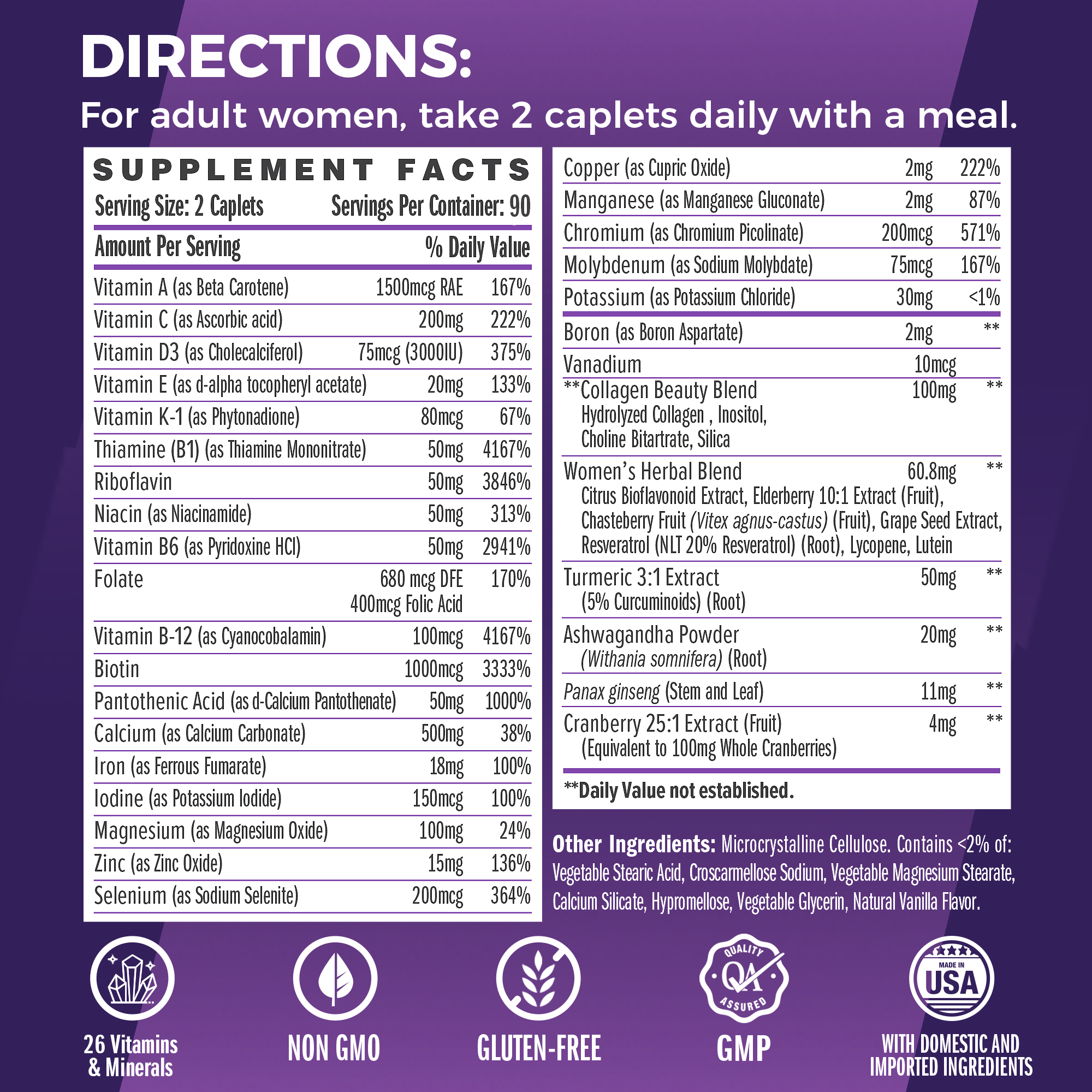 Vitamin World Ultra 360 Multivitamin for Women, Women's Multivitamin with Herbs & Collagen for Hair, Skin & Nails, Supplement with Iron, Vitamin A, B, C, D, E for Energy & Immune Support, 180 Caplets
