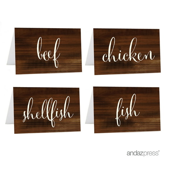 Beef, Chicken, Fish, Shellfish Brown Food Station Buffet Menu Place Cards, Rustic Wood, 20-Pack