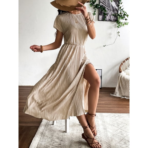 NAYTOAO Women's Pleated Lined Maxi Dress Flutter Sleeve Front Slit Cocktail Wedding Guest Dress