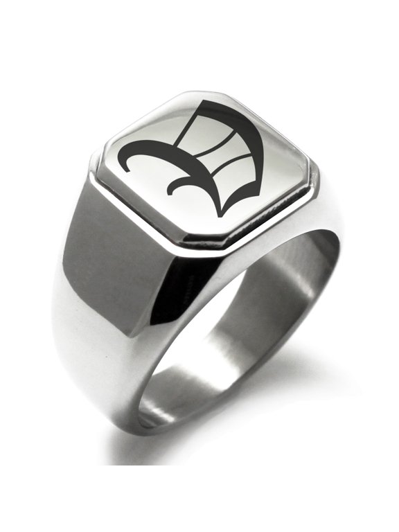 Stainless Steel Letter V Initial Old English Monogram Engraved Engraved Square Flat Top Biker Style Polished Signet Ring