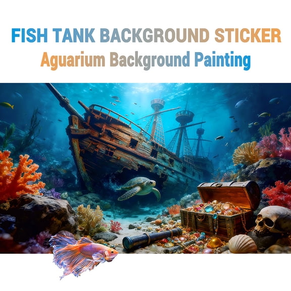 Aquarium Background Sticker, Sea Turtle Shipwreck Treasure Chest Fish Tank Decorations, Front Self-Adhesive HD PVC Removable 2D Flat Sticker for Fish Tank & Reptile Terrarium