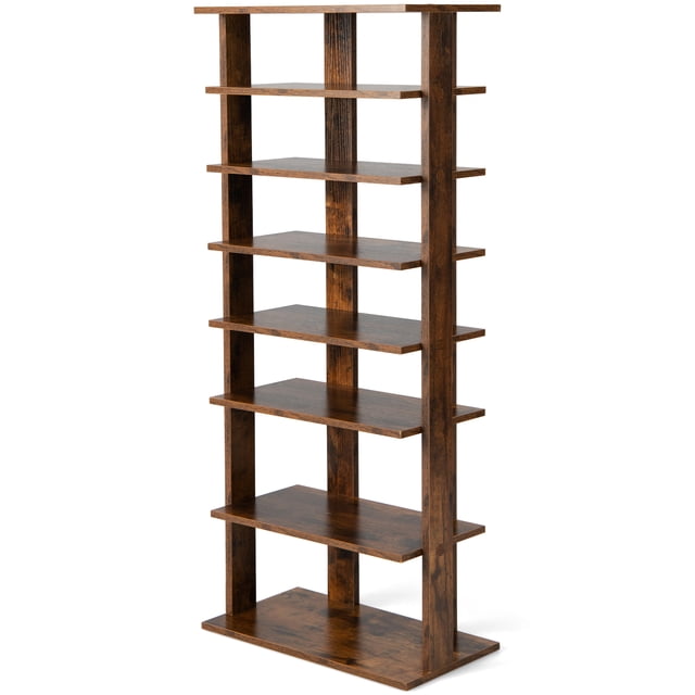 Patiojoy 7-Tier Double Rows Shoe Rack Vertical Wooden Shoe Storage Organizer Patented Rustic Brown