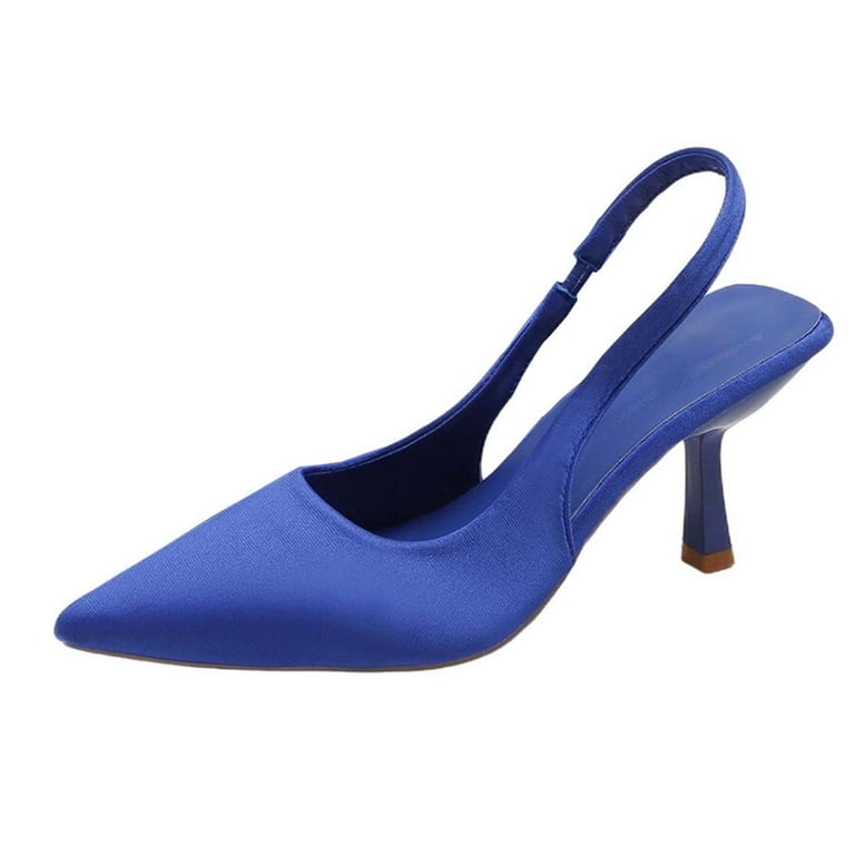 blue satin dress shoes Xucatan Women's Satin Slingback Pumps, Pointed Toe Block Heel Dress Shoes,  Adjustable Buckle Comfortable Heels for Wedding Party Office Gift