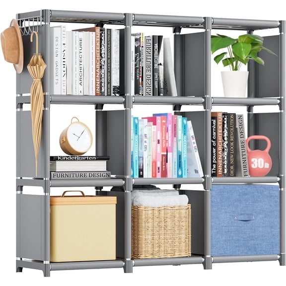 Book Shelf, 9 Cube Storage Organizer, DIY Bookcase, Metal Cube Bookshelf, Tall Book case for Bedroom, Living Room, Office, Grey