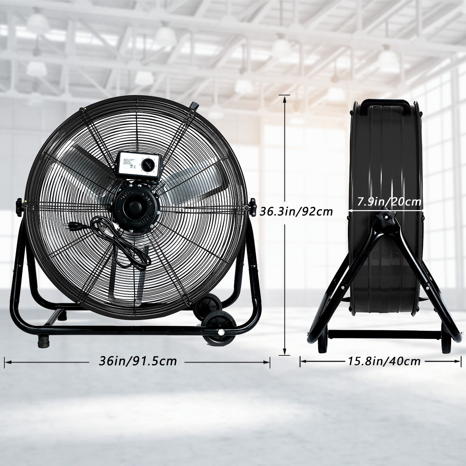 36"Industrial Fan High Velocity,Heavy Duty Drum Fan up to 18600CFM,3-Speed & 360°Adjustable,Ideal for Home, Garage, Indoor/Outdoor Use, Black