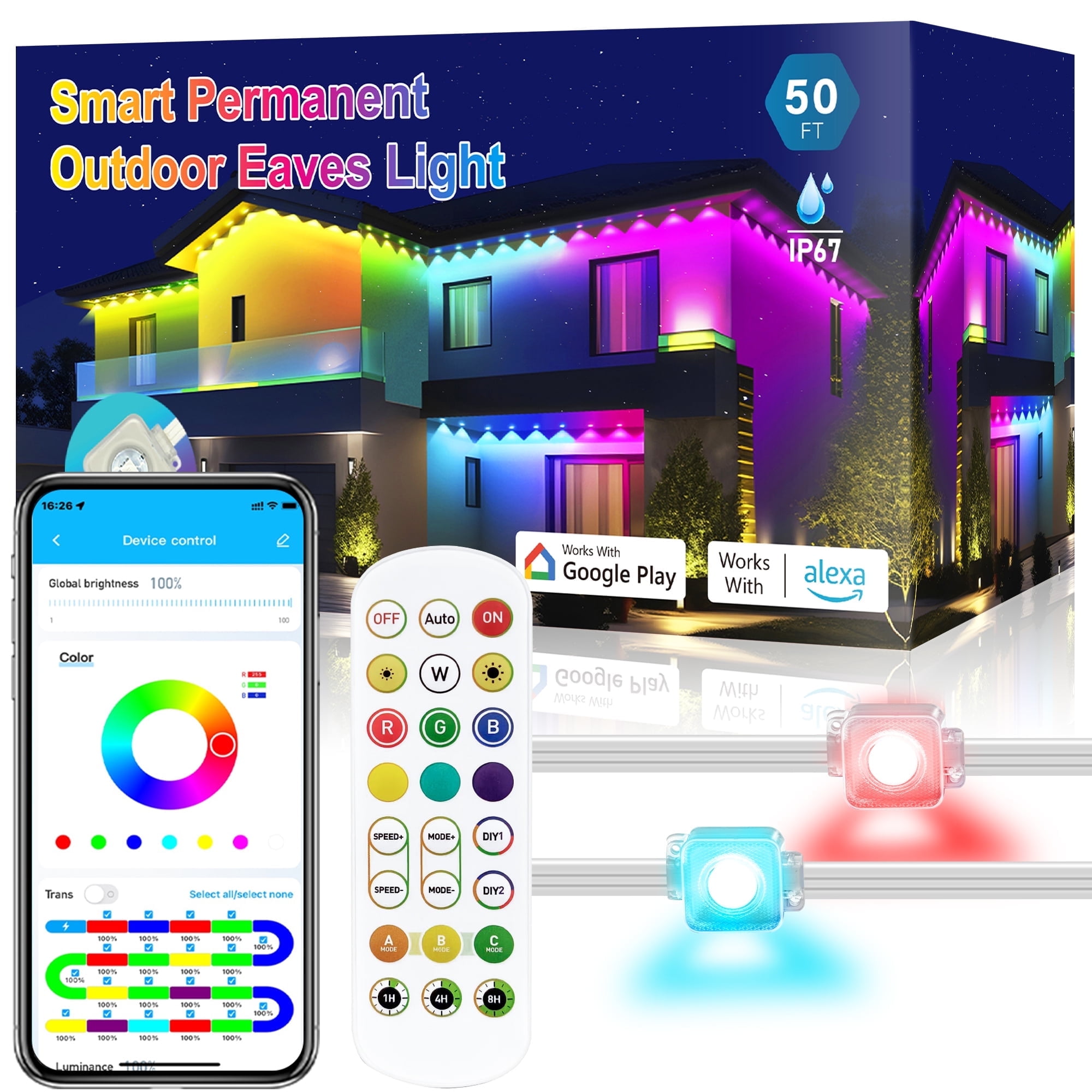 DAYBETTER 50-Foot Permanent Outdoor Eaves Lights with 36 LEDs