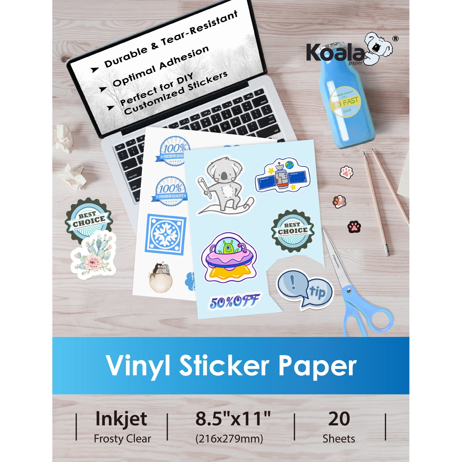 Koala Printable Clear Sticker Paper - Translucent Clear Waterproof Label 8.5x11 20 Sheets for Inkjet Printers, DIY Personalized Stickers, Lables, Tags