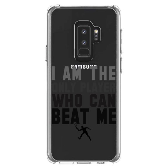 DistinctInk Clear Shockproof Hybrid Case for Samsung Galaxy S9  PLUS (6.2" Screen) - TPU Bumper Acrylic Back Tempered Glass Screen Protector - I Am The Only Player Who Can Beat Me Tennis