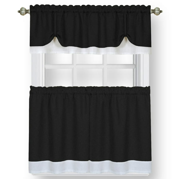 Woven Trends Two-Tone Window Curtain Tier Pair & Valance Set, Double Layer Small Window Curtains for Kitchen, Living Room and Kitchen, Black/White, 58" x 36" Tier Pair & Valance Set