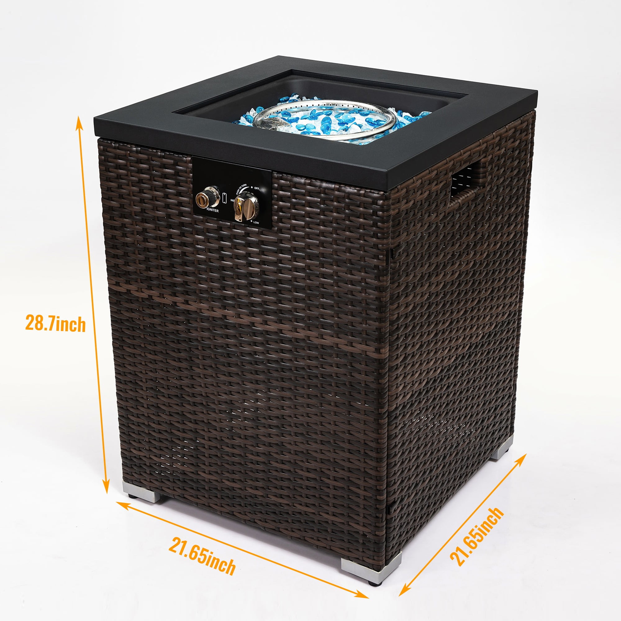 22" Propane Fire Pit Table 40,000 BTU Steel Frame With  PE Wicker & Glass Wind Guard