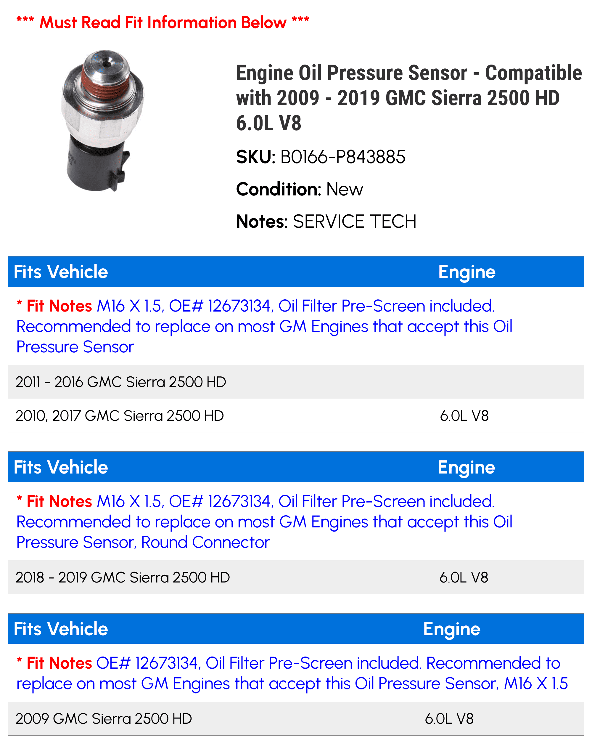 Engine Oil Pressure Sensor - Compatible with 2009 - 2019 GMC Sierra 2500 HD 6.0L V8 2010 2011 2012 2013 2014 2015 2016 2017 2018