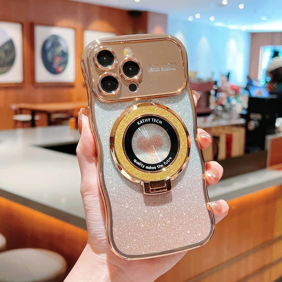 Bling Glitter Phone Case Compatible with iPhone 11 Pro, Kickstand Camera Lens Protector Heart Plating Raised Wavy Bumper Cover Sparkling Rhinestone Rugged Phone Case Cover,Gold