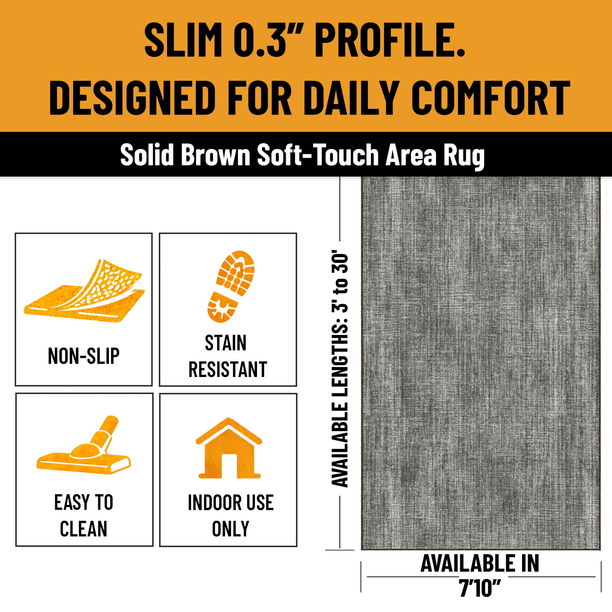 Ottomanson Non-Slip Extra Large Area Rug 7'10" x 23' Low Pile Living Room Carpet, Solid Brown