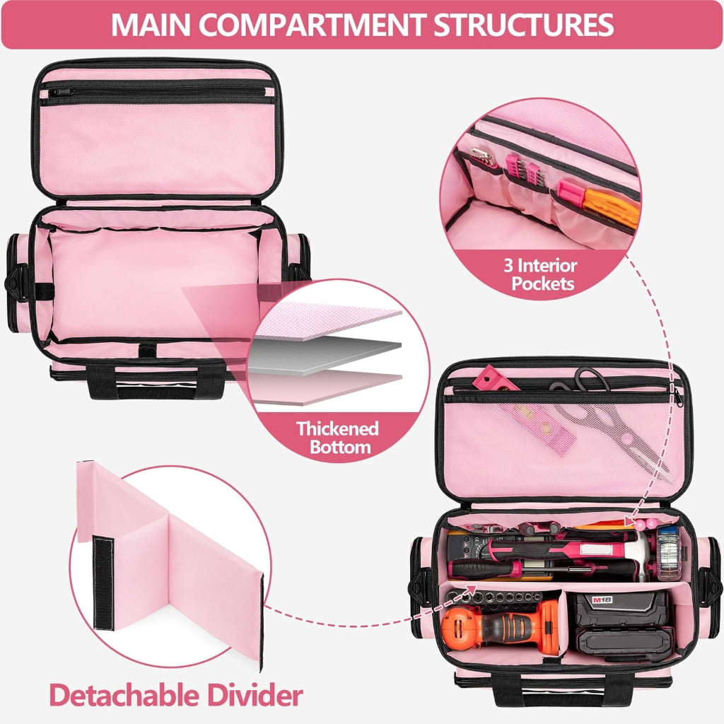 Heavy Duty 14 Inch Women's Tool Hand Bag With Multiple Pockets Adjustable Shoulder Strap For Organized Tool Storage