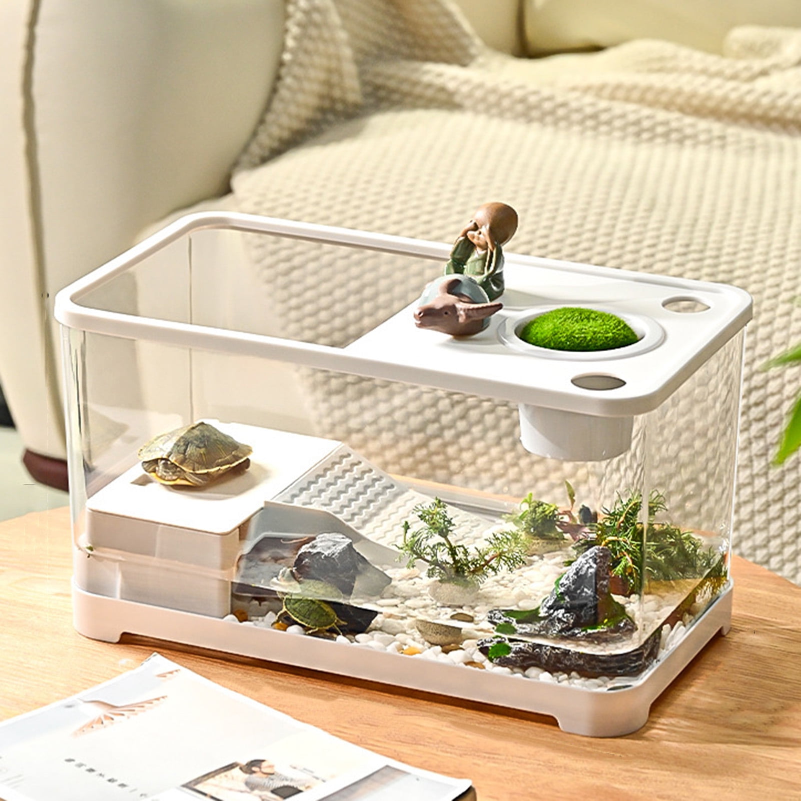 YIFAEUX Plastic Fish Tank Small Betta Fish Tank with Hanging Basket Household Aquarium Turtle Tank Kit for Turtles Crabs Fishes Amphibians Reptiles