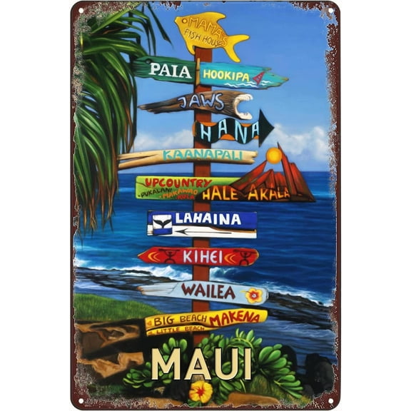 Vintage Metal Tin Signs - Beach Direction Sign All Ways Great on Maui Hawaiian Travel Poster - Wall Decor Plaque for Home Bar Pub Cafe Club 8x12 Inches