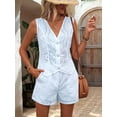 thumbnail image 4 of Floral Eyelet Embroidered Sets for Women 2 Piece Summer Shorts Button Down Vest Dressy Causal Vacation Set Light Blue L, 4 of 6
