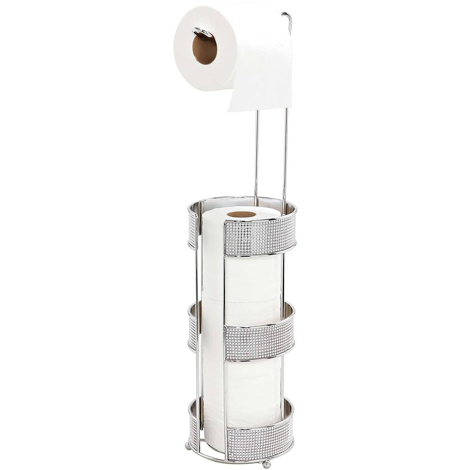 Diamante Sparkle Toilet Roll Holder Chrome Effect Finish Tall Free Standing 