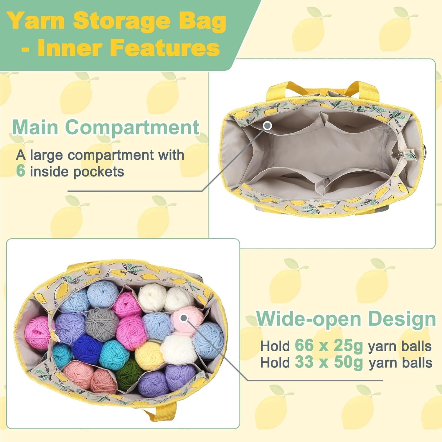Yarn Storage Organizer Travel Crochet Bag, Large Capacity Tote Bag Knitting Bag for Carrying Projects, Knitting , Crochet Hooks and Yarn, Fruit Yellow