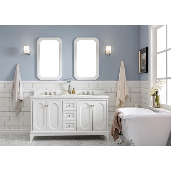 Water Creation Queen 60" Wood Double Bathroom Vanity in Pure White and Nickel