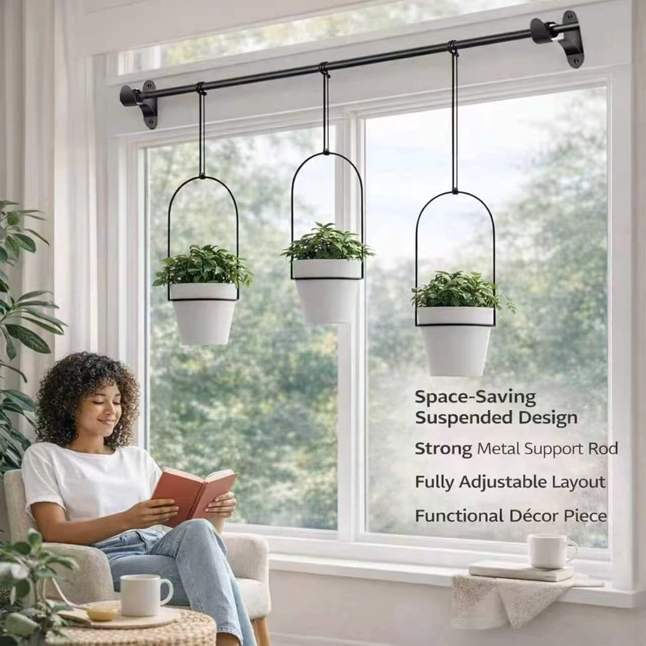 Adjustable Window Planter Hanger Set – Metal Rod with Adjustable Brackets, Indoor Outdoor Use for Flowers, Herbs, Succulents, Balcony Railing
