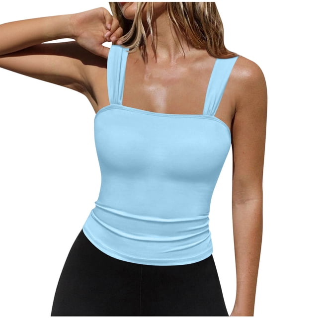 Blusa de poliéster para mujer, sin mangas, con cuello cuadrado y tirantes finos, de color liso