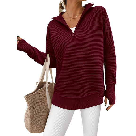 Women's Quarter Zipper Long Sleeve Loose Ribbed Knit Sweater with Thumbhole