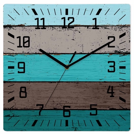 Wall Clock Teal Wood Grain Operated Square Clocks Wooden Silent Non-Ticking Wallclock 12 Inch Rustic Brown Wooden Stripe Wood Wall Clock for Living Room Bedroom Office Shool Home Decor